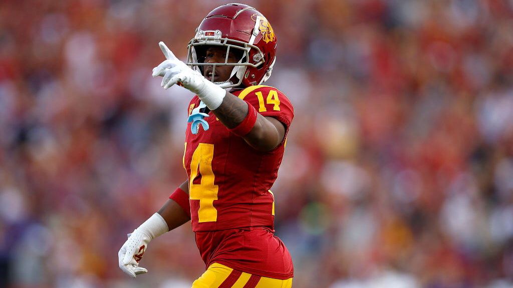 Raleek Brown #14 of the USC Trojans celebrates a touchdown against the Washington Huskies in the fi...