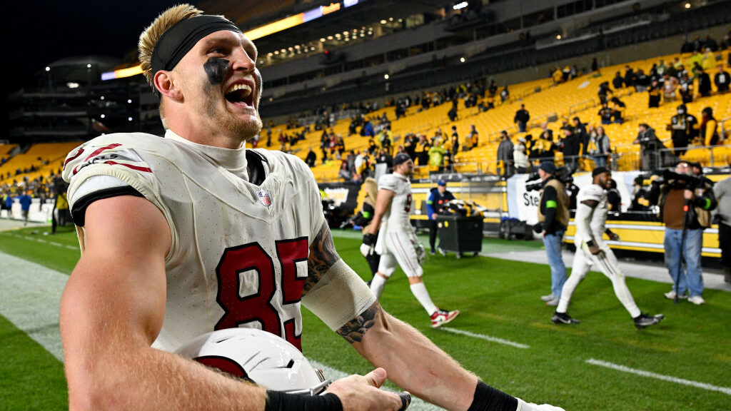 Trey McBride #85 of the Arizona Cardinals celebrates a win over the Pittsburgh Steelers at Acrisure...