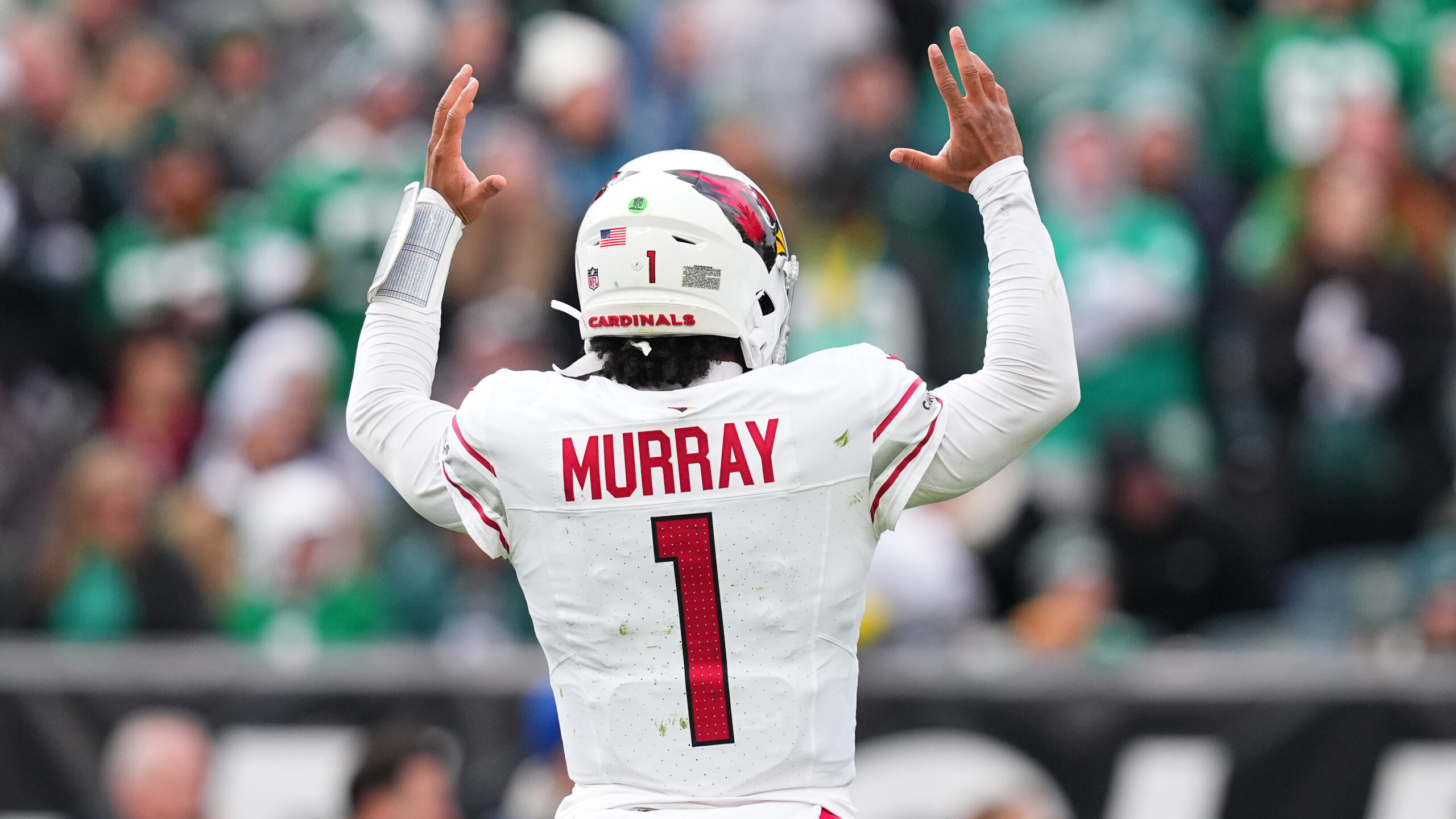 Kyler Murray #1 of the Arizona Cardinals reacts to a touchdown pass during the third quarter agains...