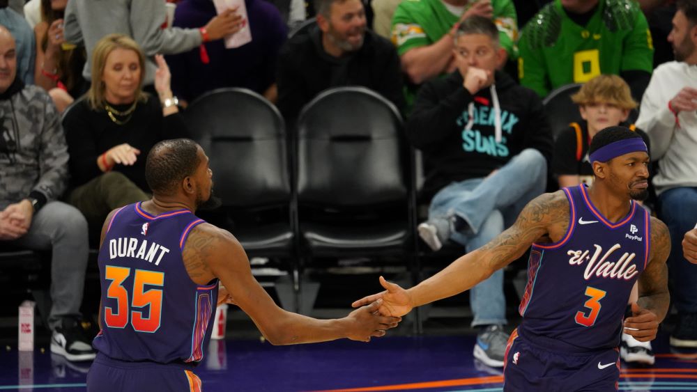 Phoenix Suns players Bradley Beal and Kevin Durant in a win over the Charlotte Hornets (Jeremy Schn...
