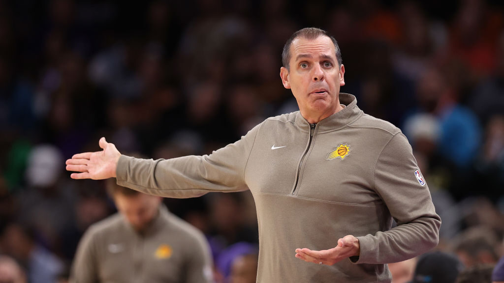 Head coach Frank Vogel of the Phoenix Suns reacts during the first half of the NBA game against the...