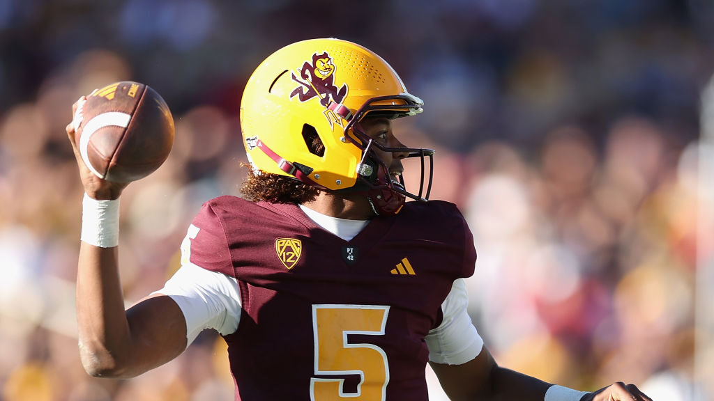 Quarterback Jaden Rashada #5 of the Arizona State Sun Devils throws a pass during the first half of...