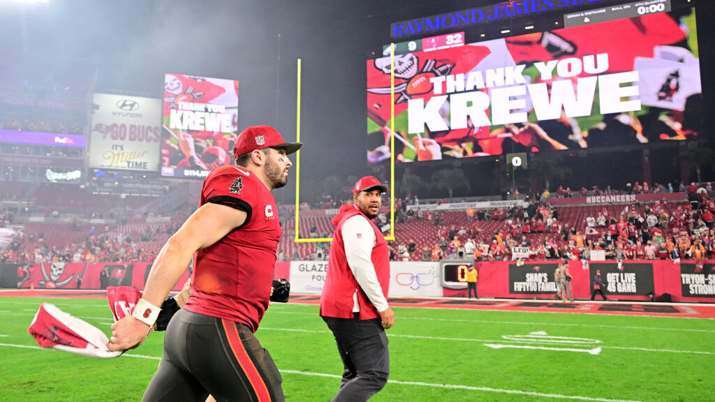 Baker Mayfield #6 of the Tampa Bay Buccaneers runs off the field after defeating the Philadelphia E...