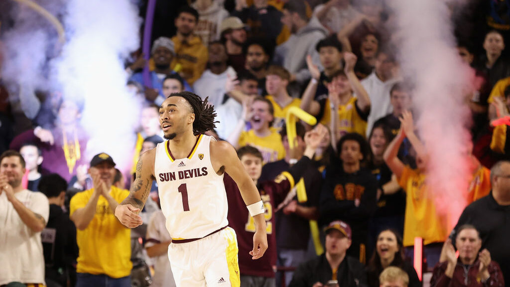 Frankie Collins #1 of the Arizona State Sun Devils reacts after scoring against the USC Trojans dur...