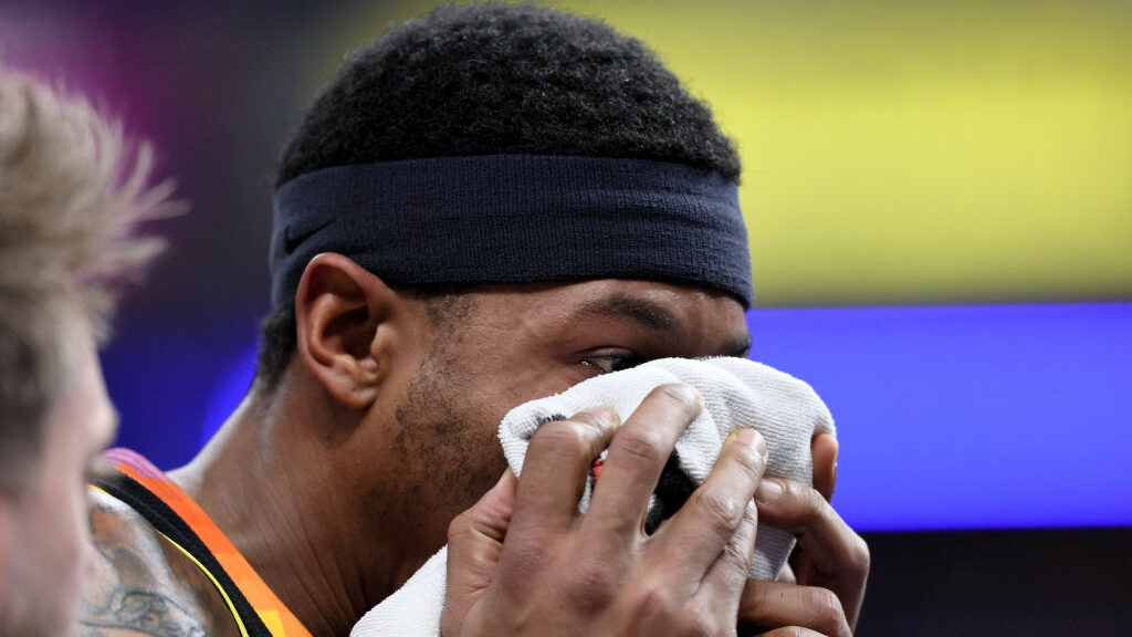 Bradley Beal #3 walks off of the court he was hit in the nose in the second half against the Indian...
