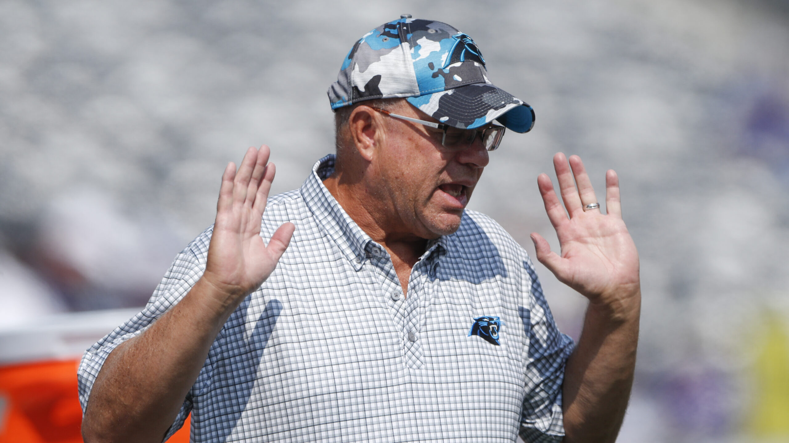 FILE - Carolina Panthers owner David Tepper gestures before an NFL football game between the New Yo...