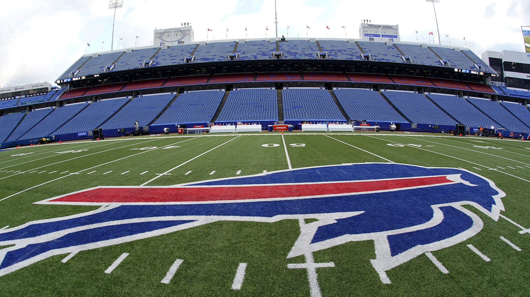 The Buffalo Bills logo is displayed on the field at Highmark Stadium before an NFL football game be...
