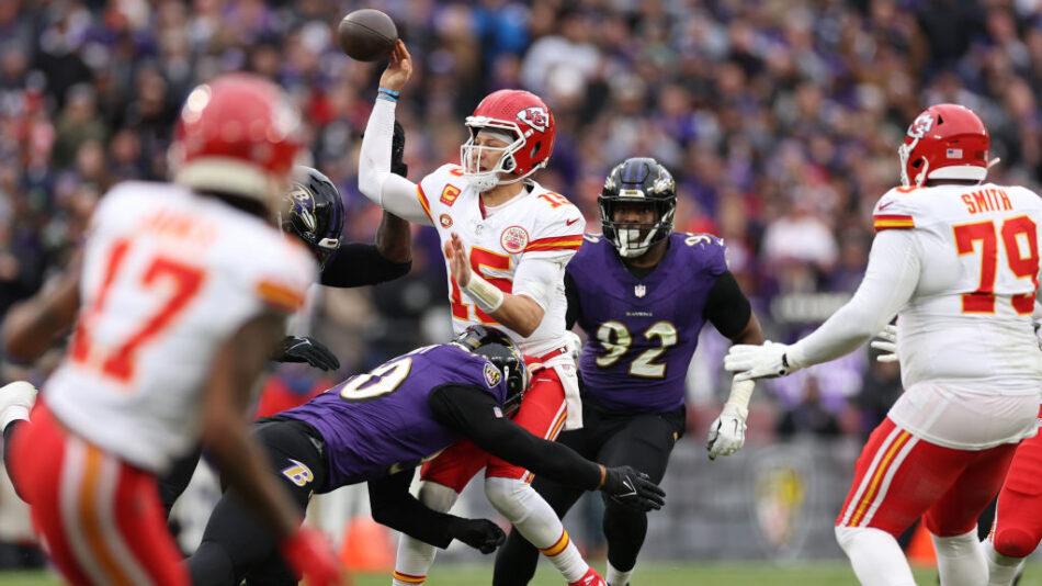Chiefs quarterback Patrick Mahomes throw a pass against the Ravens in AFC Championship Game...