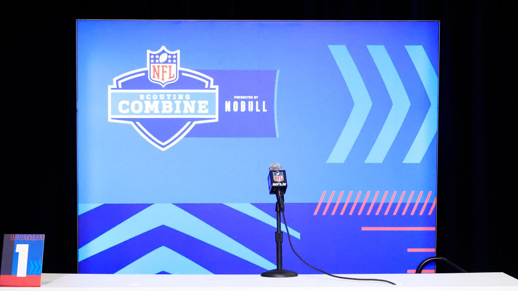 An empty podium is seen at the NFL Combine at Lucas Oil Stadium in Indianapolis, Indiana. (Photo by...