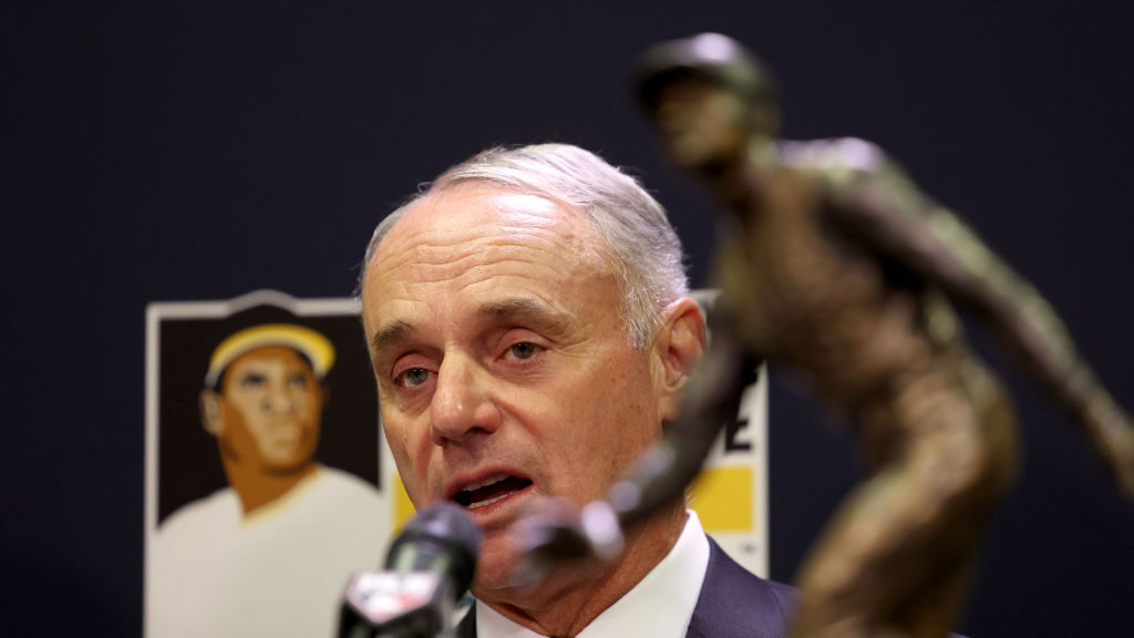 MLB Commissioner Rob Manfred speaks to the media during a press conference announcing Aaron Judge o...