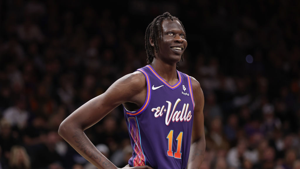 Bol Bol #11 of the Phoenix Suns reacts during the first half of the NBA game against the Miami Heat...