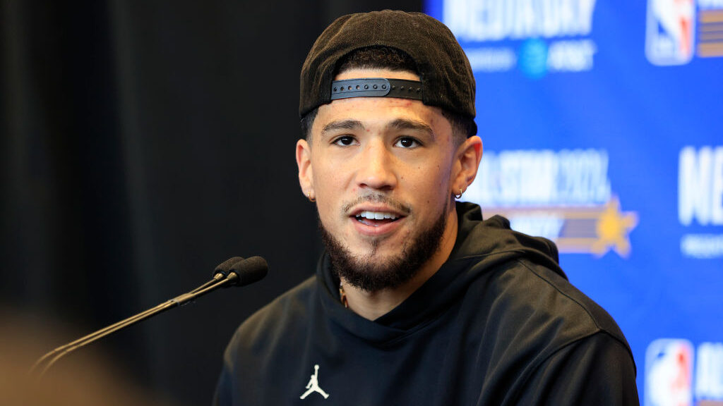 Devin Booker #1 of the Phoenix Suns speaks to the media at Gainbridge Fieldhouse on February 17, 20...