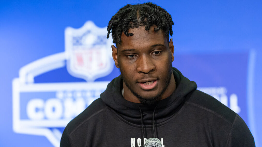 Chris Braswell speaks with reporters at the 2024 NFL Scouting Combine...
