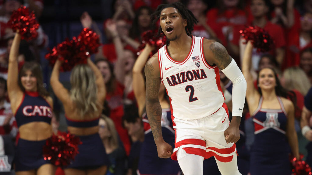 Caleb Love #2 of the Arizona Wildcats reacts after scoring against the Arizona State Sun Devils dur...