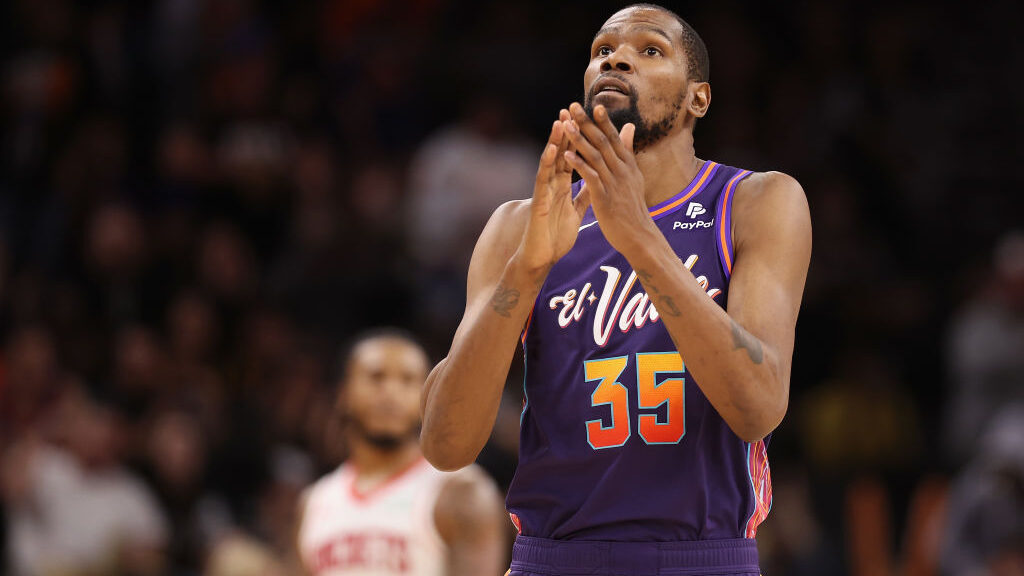 Kevin Durant #35 of the Phoenix Suns reacts during the second half of the NBA game at Footprint Cen...