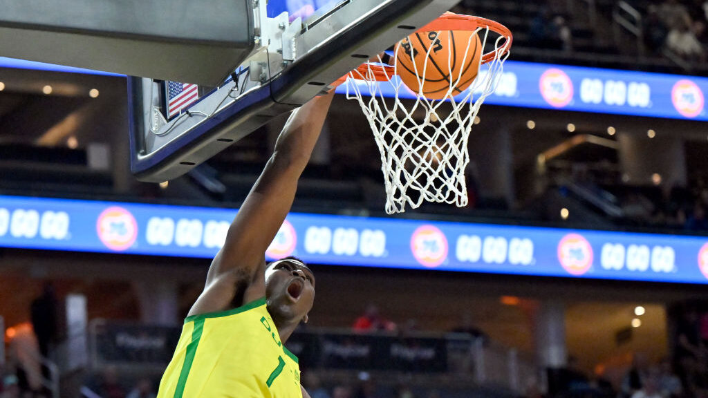 N'Faly Dante #1 of the Oregon Ducks dunks the ball against the UCLA Bruins in the second half of a ...