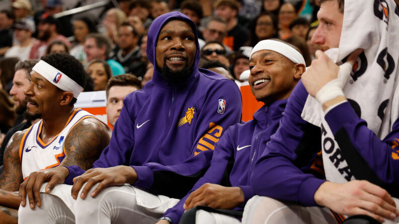 Isaiah Thomas and Kevin Durant smile...