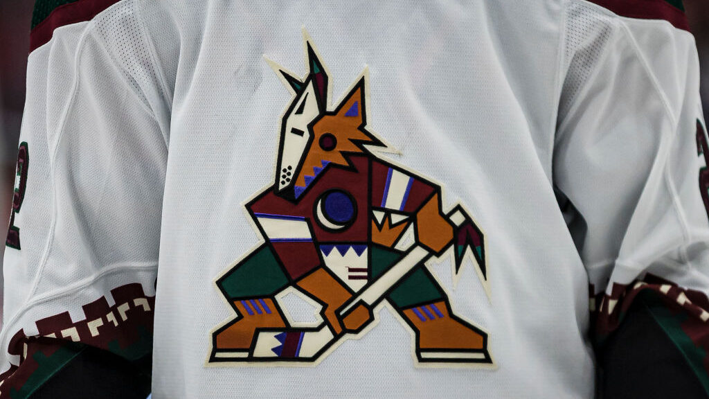 A detailed view of the Arizona Coyotes logo on the jersey worn by Johan Larsson #22 of the Arizona ...