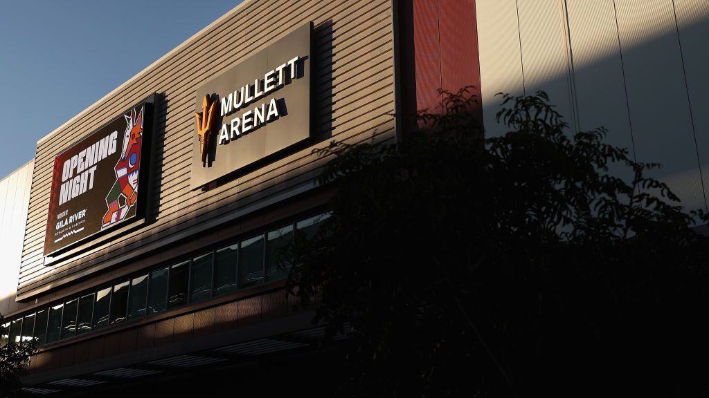 General view outside of Mullett Arena before the NHL game between the Arizona Coyotes and the Winni...