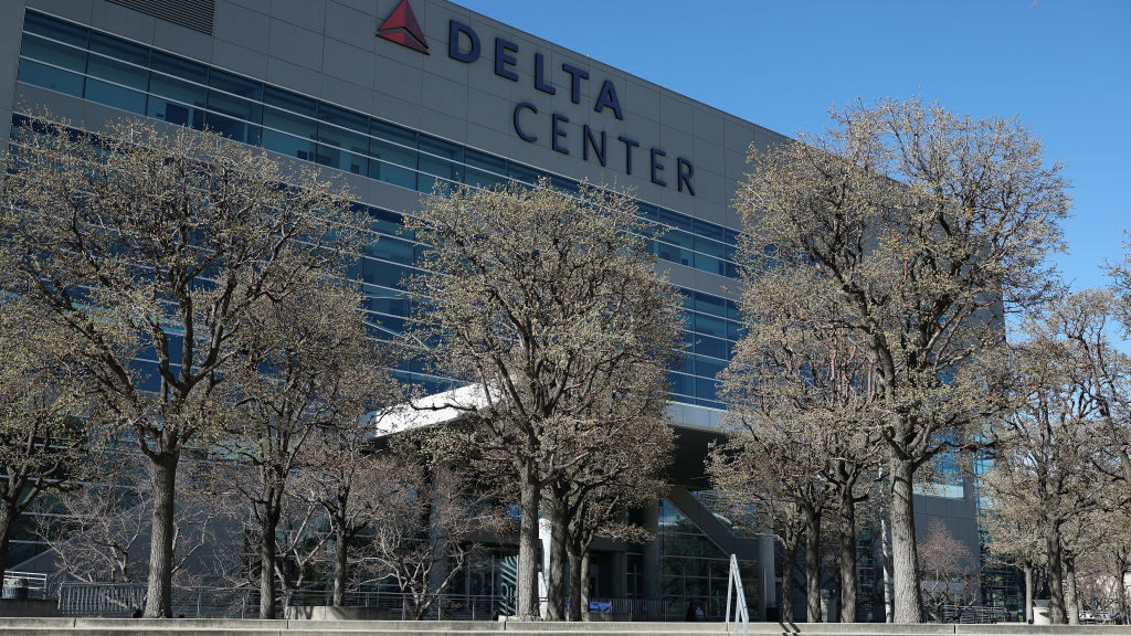 General view outside of the Delta Center ahead of the NCAA Men's Basketball Tournament on March 19,...