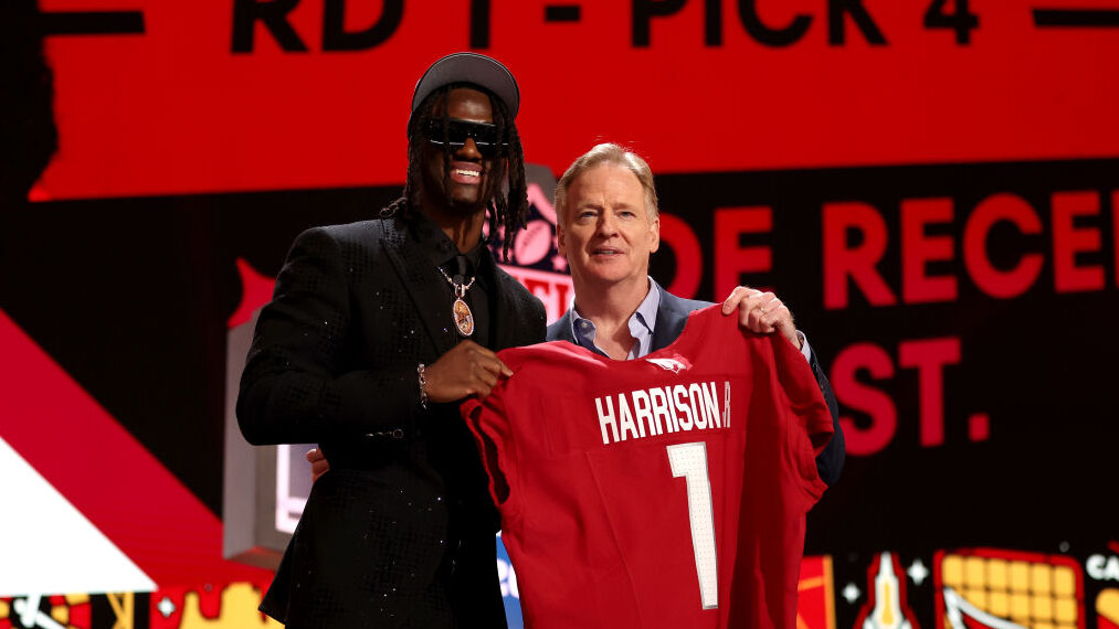 Marvin Harrison Jr. poses after getting drafted by the Arizona Cardinals...