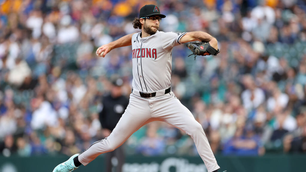 Zac Gallen #23 of the Arizona Diamondbacks pitches during the first inning Mariners at T-Mobile Par...