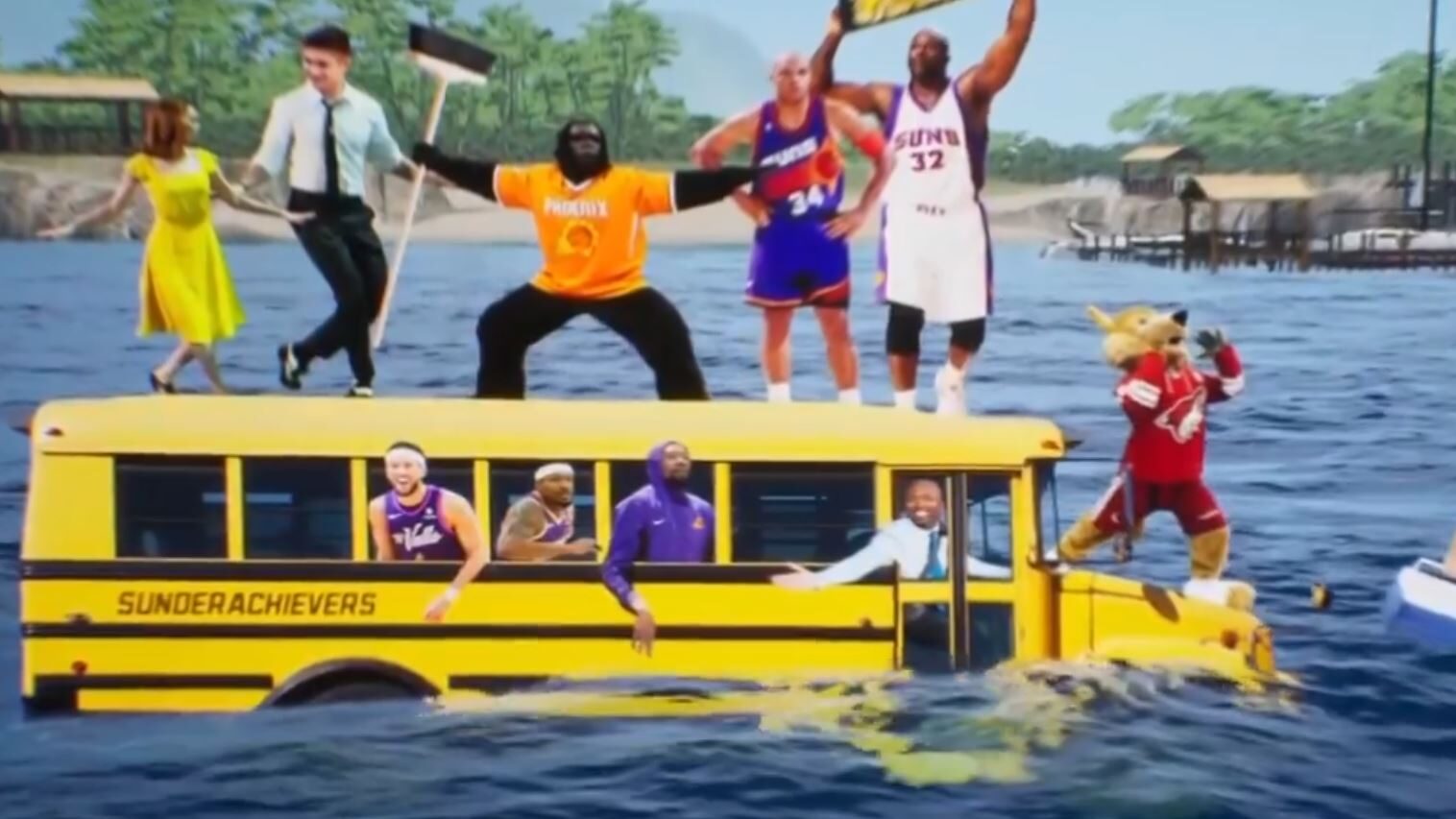 TNT's Gone Fishin' segment for the Suns 2023-24 season includes Howler the Coyotes and Emma Stone...