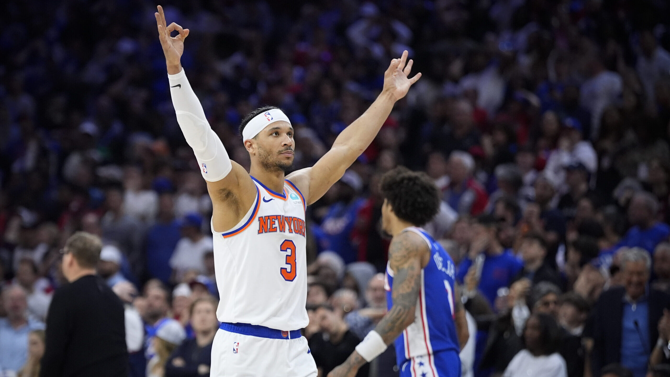 New York Knicks' Josh Hart reacts during the second half of Game 6 in an NBA basketball first-round...