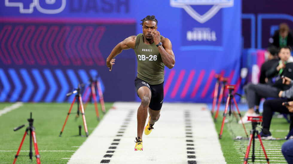 Max Melton runs the 40-yard dash at the 2024 NFL Draft Combine...