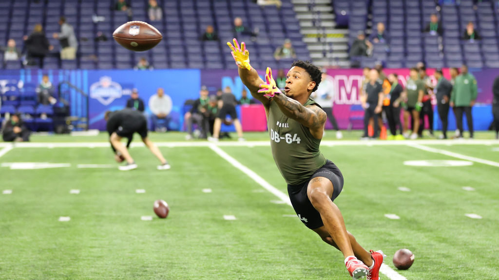 Dadrion Taylor-Demerson #DB64 of Texas Tech participates in a drill during the NFL Combine at Lucas...
