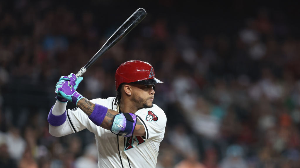 Ketel Marte #4 of the Arizona Diamondbacks bats against the Miami Marlins during the first inning o...