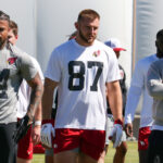 Members of the Arizona Cardinals' 2024 NFL Draft class look on during rookie minicamp on Friday, May 10, 2024, in Tempe. (Tyler Drake/Arizona Sports)