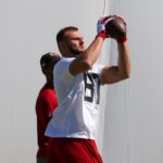 Arizona Cardinals TE tip Reiman catches a pass during rookie minicamp on Friday, May 10, 2024, in Tempe. (Tyler Drake/Arizona Sports)