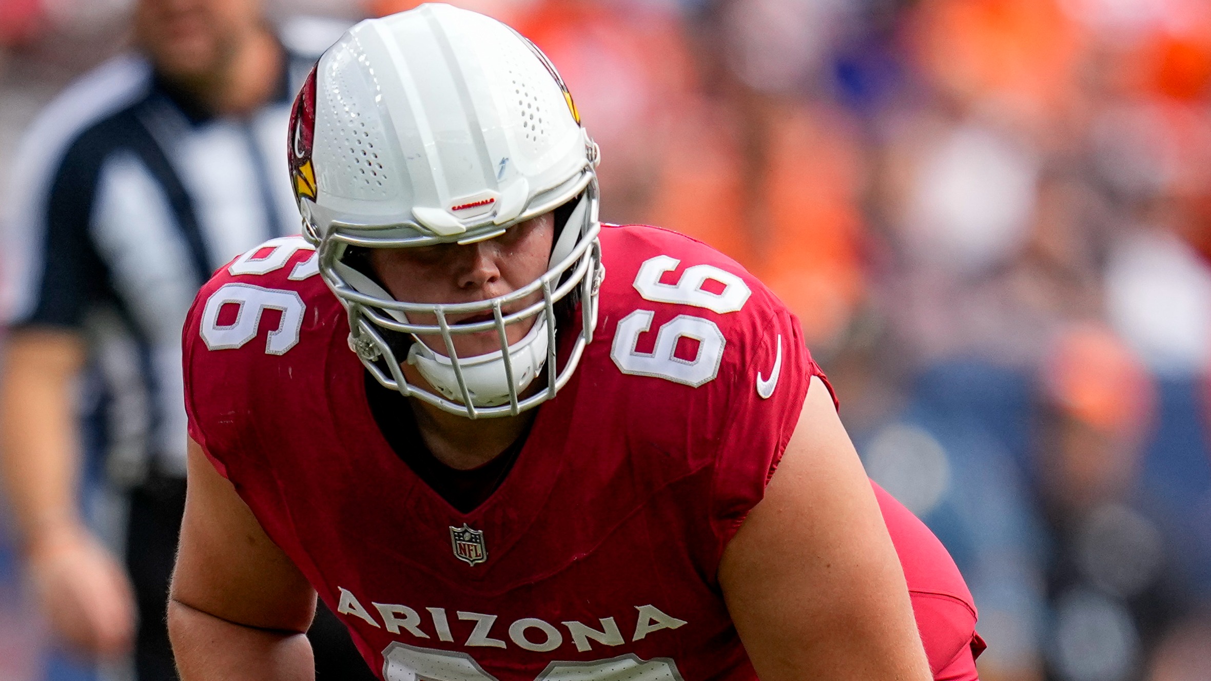 Arizona Cardinals offensive tackle Jackson Barton (66) lines up against the Denver Broncos during a...