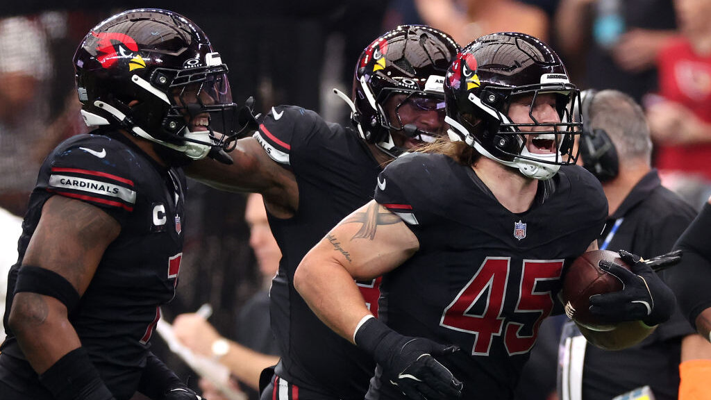 Arizona Cardinals pass rusher Dennis Gardeck celebrates after an interception...