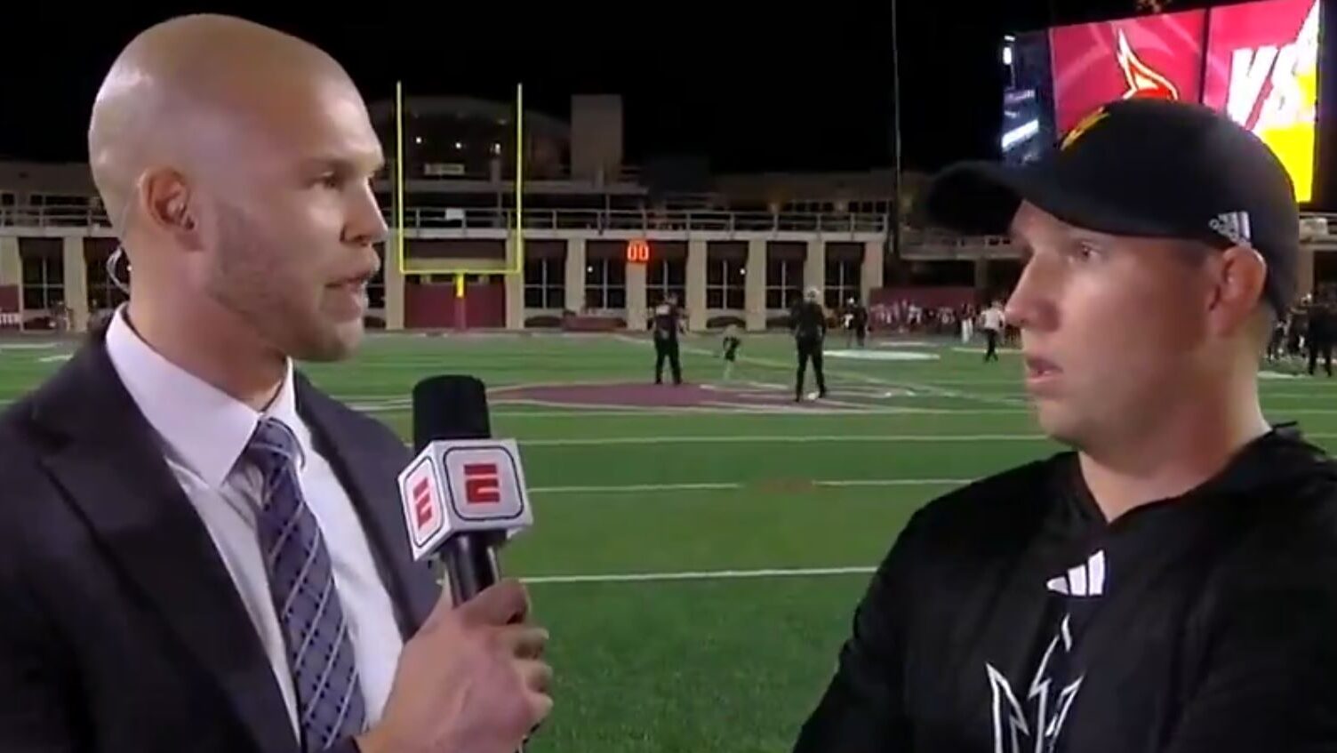 Screenshot of ASU head coach Kenny Dillingham speaking to ESPN's Harry Lyles Jr. after a win agains...