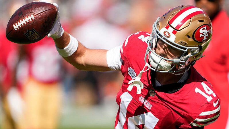 Ricky Pearsall #14 of the San Francisco 49ers warms up prior to a game against the Kansas City Chie...