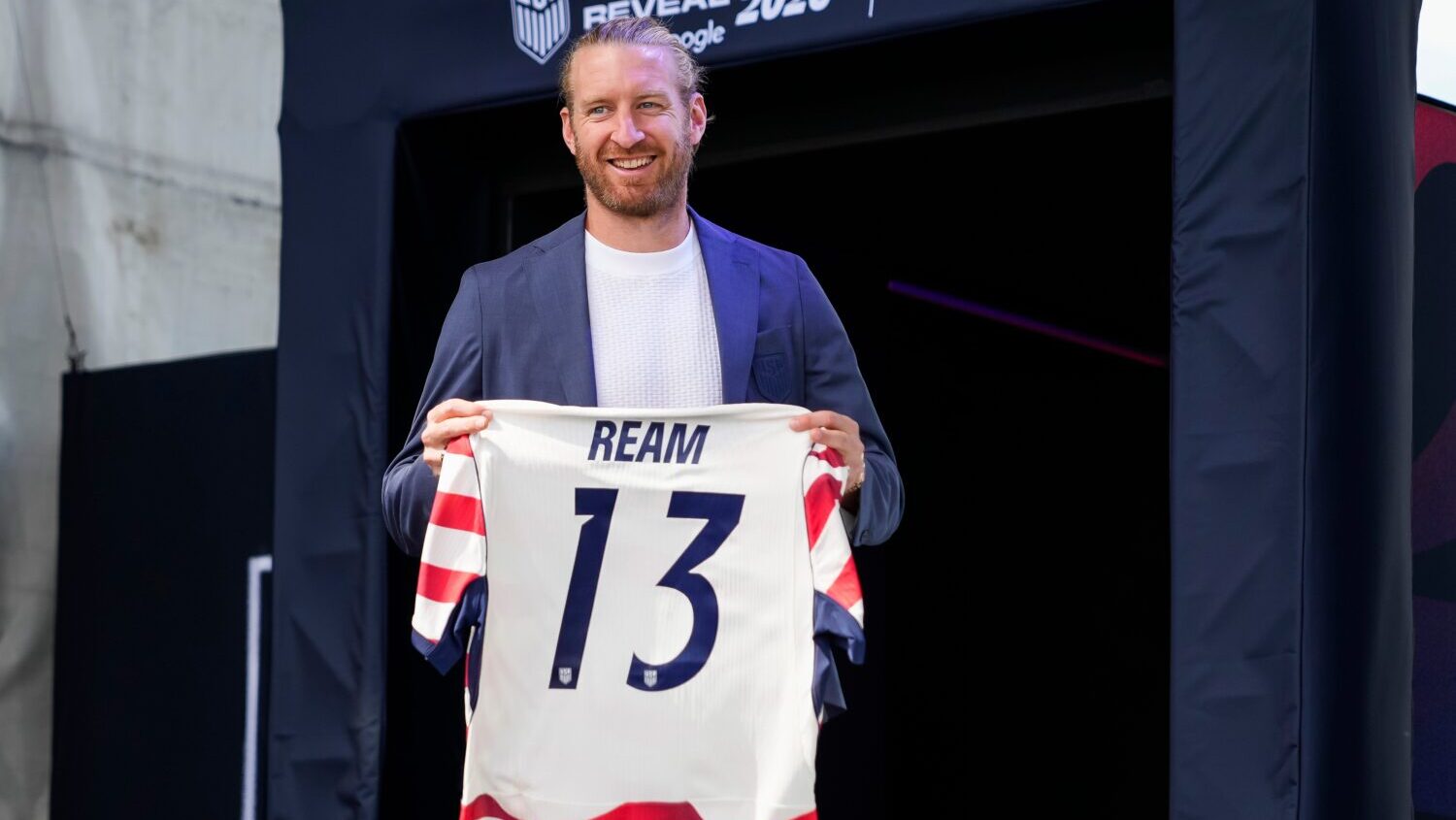 Defender Tim Ream of the United States men's national soccer team is presented during the announcem...