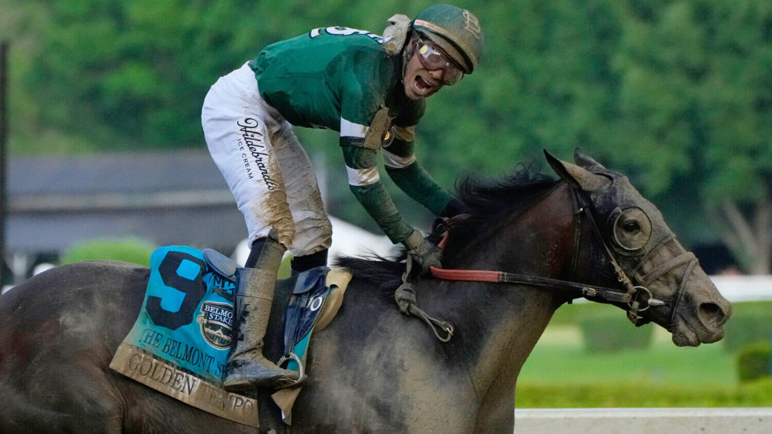 Jockey Jose Ortiz celebrates as he crosses the finish line aboard Golden Tempo (9) to win the 158th...