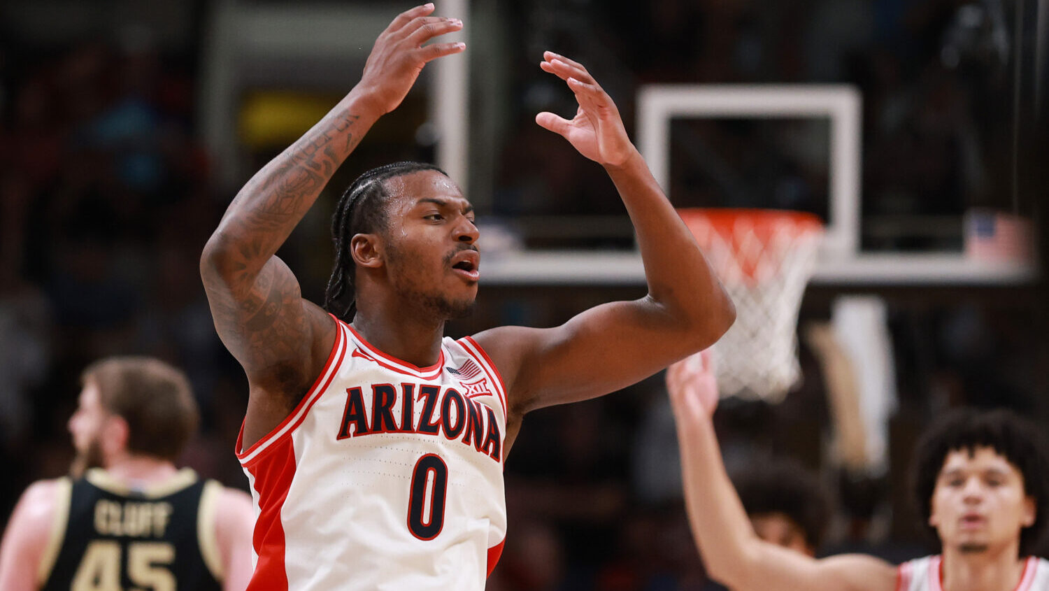 Jaden Bradley #0 of the Arizona Wildcats reacts during the second half of a game against the Purdue...
