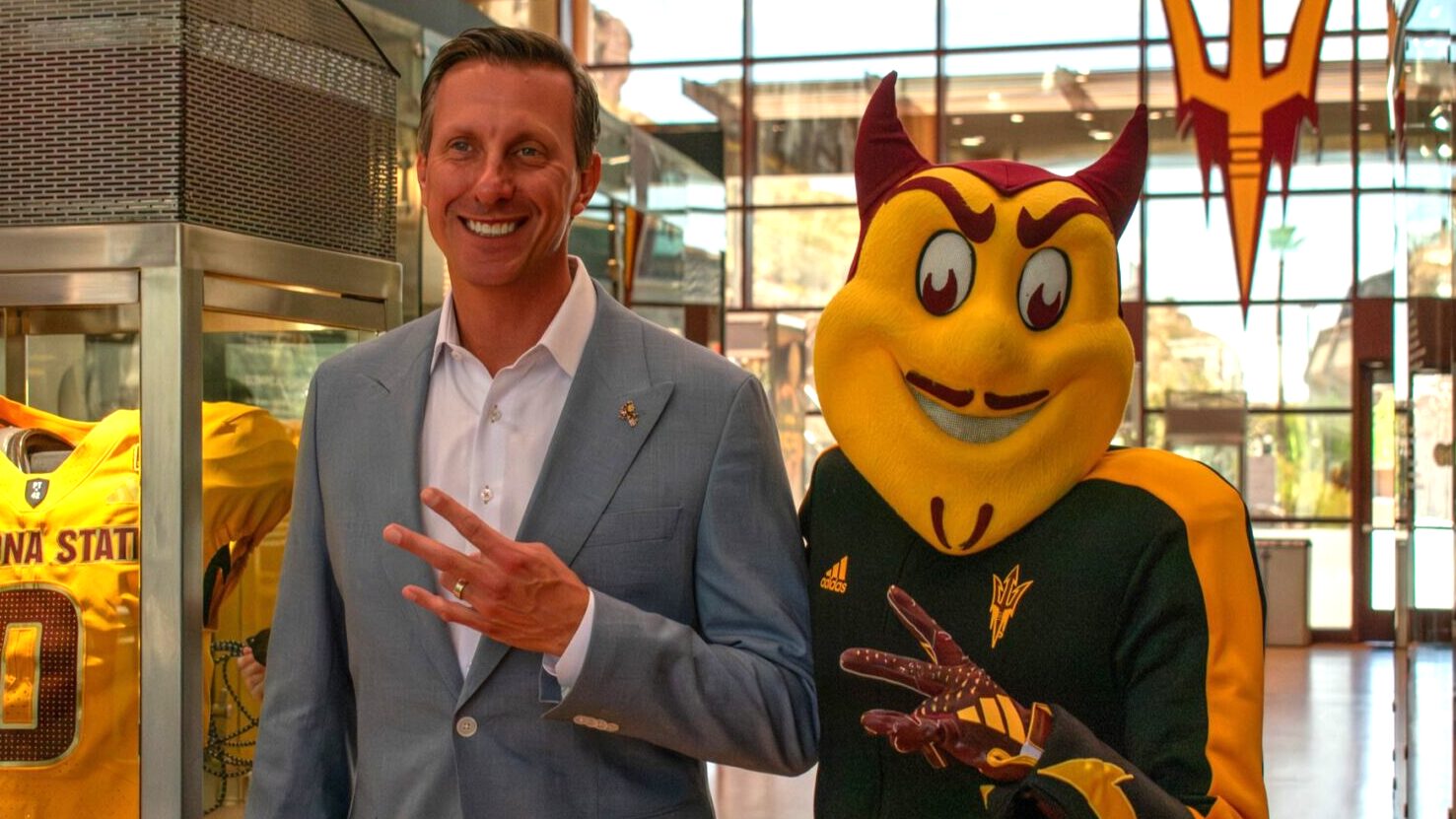 ASU AD Graham Rossini and Sparky ahead of the mascot's trip to London...