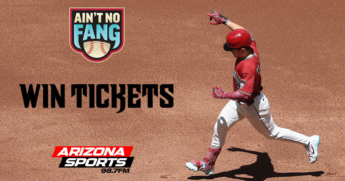 Promotional contest graphic featuring an Arizona Diamondbacks player in a red jersey and helmet run...