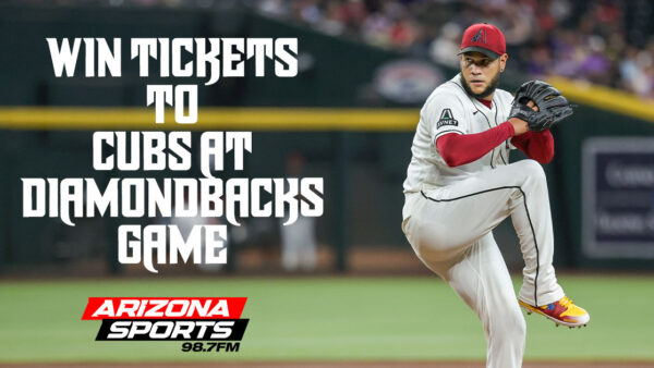 Arizona Diamondbacks pitcher Eduardo Rodriguez in mid-delivery at Chase Field with text reading "Win Tickets to Cubs at Diamondbacks Game" and the Arizona Sports 98.7 FM logo.