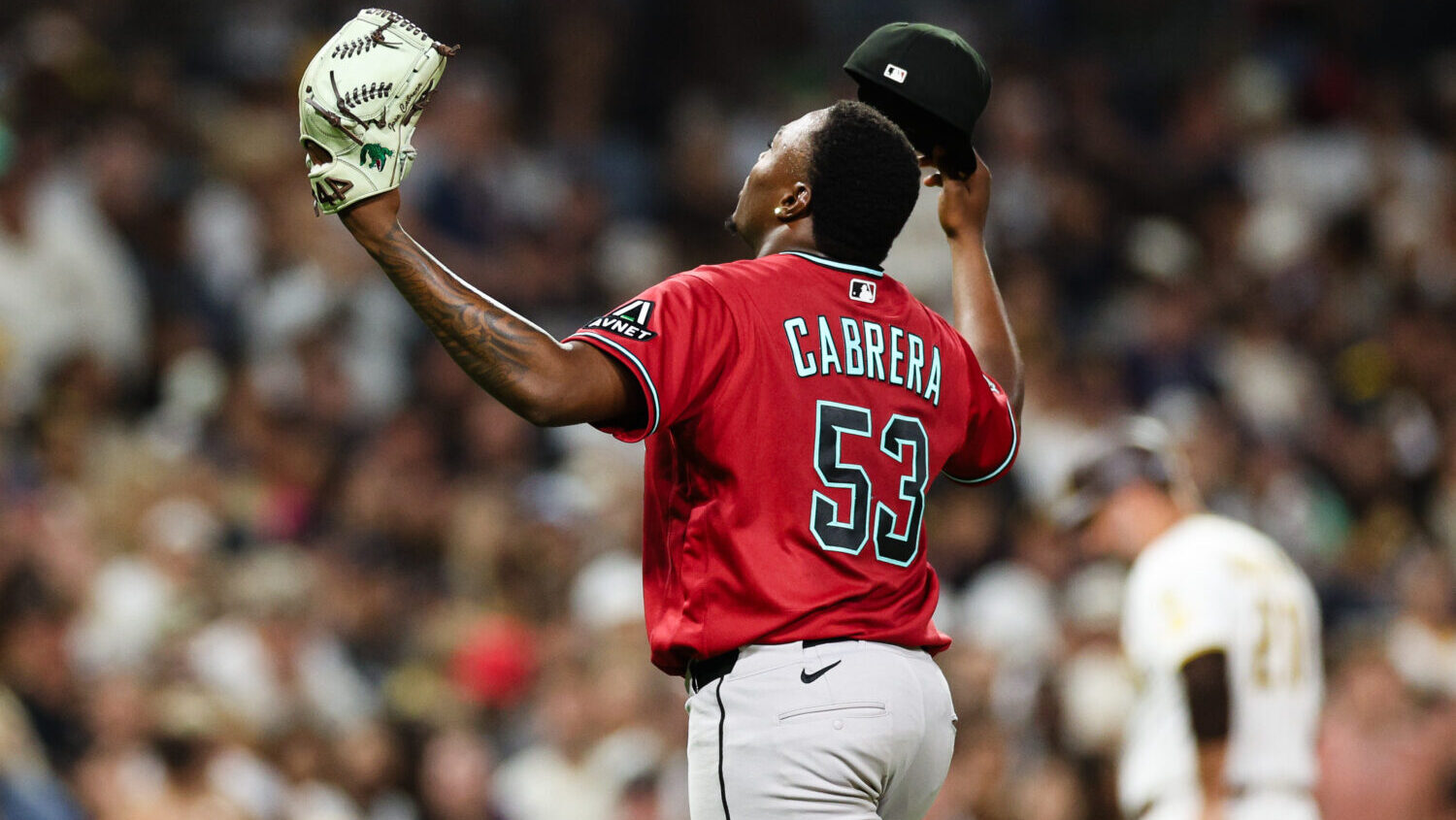 Arizona Diamondbacks' Jose Cabrera reacts after being relieved in the fifth inning of a baseball ga...