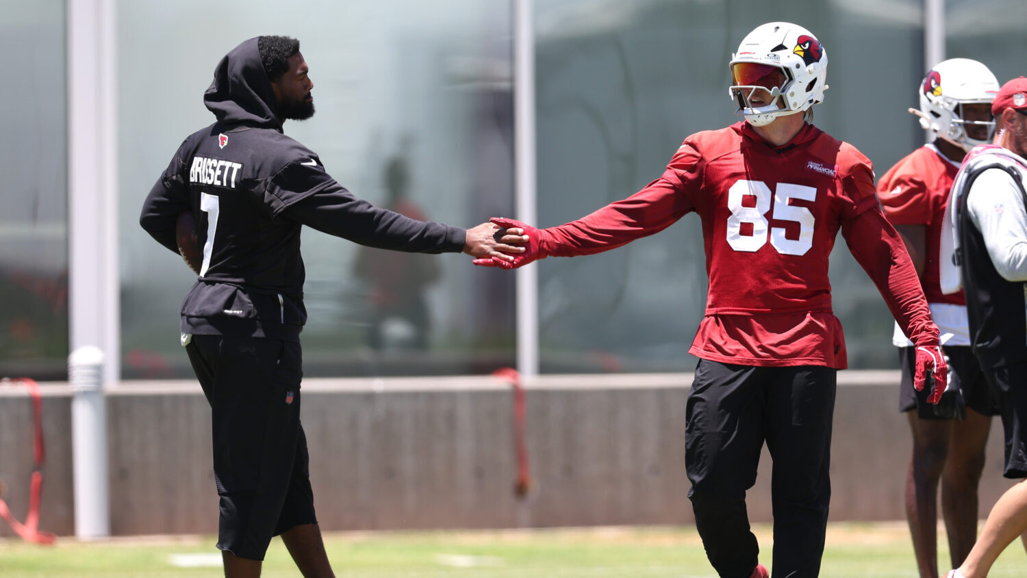 TEMPE, ARIZONA - JUNE 09: Jacoby Brissett #7 high fives Trey McBride #85 of the Arizona Cardinals d...