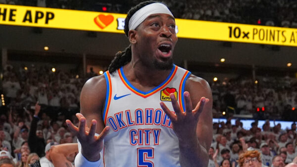 Oklahoma City Thunder guard Luguentz Dort (5) reacts to a foul in the second half of Game 5 in the Western Conference finals NBA basketball playoffs series against the San Antonio Spurs, May 26, 2026, in Oklahoma City. (AP Photo/Julio Cortez, File)