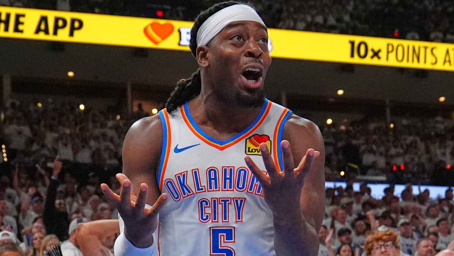 Oklahoma City Thunder guard Luguentz Dort (5) reacts to a foul in the second half of Game 5 in the ...