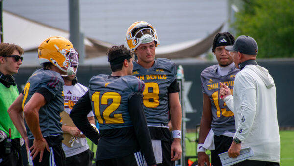 ASU quarterbacks (left to right) Jake Fette, Mikey Keene, Cutter Boley and Cam Dyer with offensive coordinator Marcus Arroyo