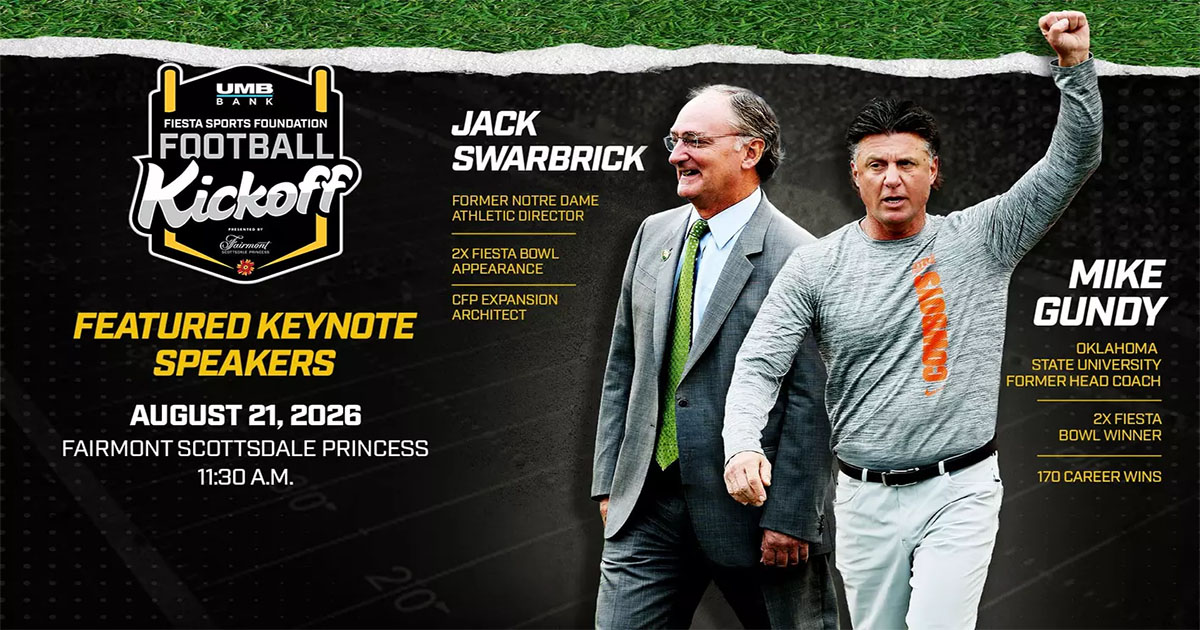 Promotional graphic for the 2026 UMB Bank Fiesta Sports Foundation Football Kickoff presented by Fa...