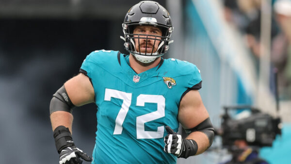 JACKSONVILLE, FLORIDA - NOVEMBER 12: Walker Little #72 of the Jacksonville Jaguars is introduced against the San Francisco 49ers during the game at EverBank Field on November 12, 2023 in Jacksonville, Florida. (Photo by Mike Carlson/Getty Images)